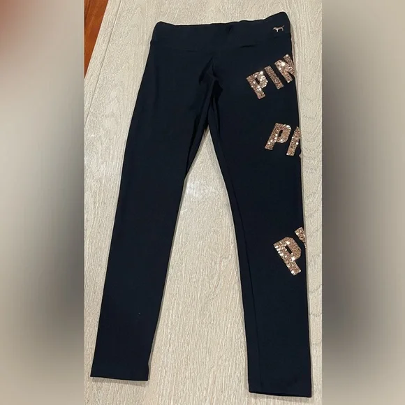 VS Pink Black Leggings with Gold Bling Sequin 'PINK'